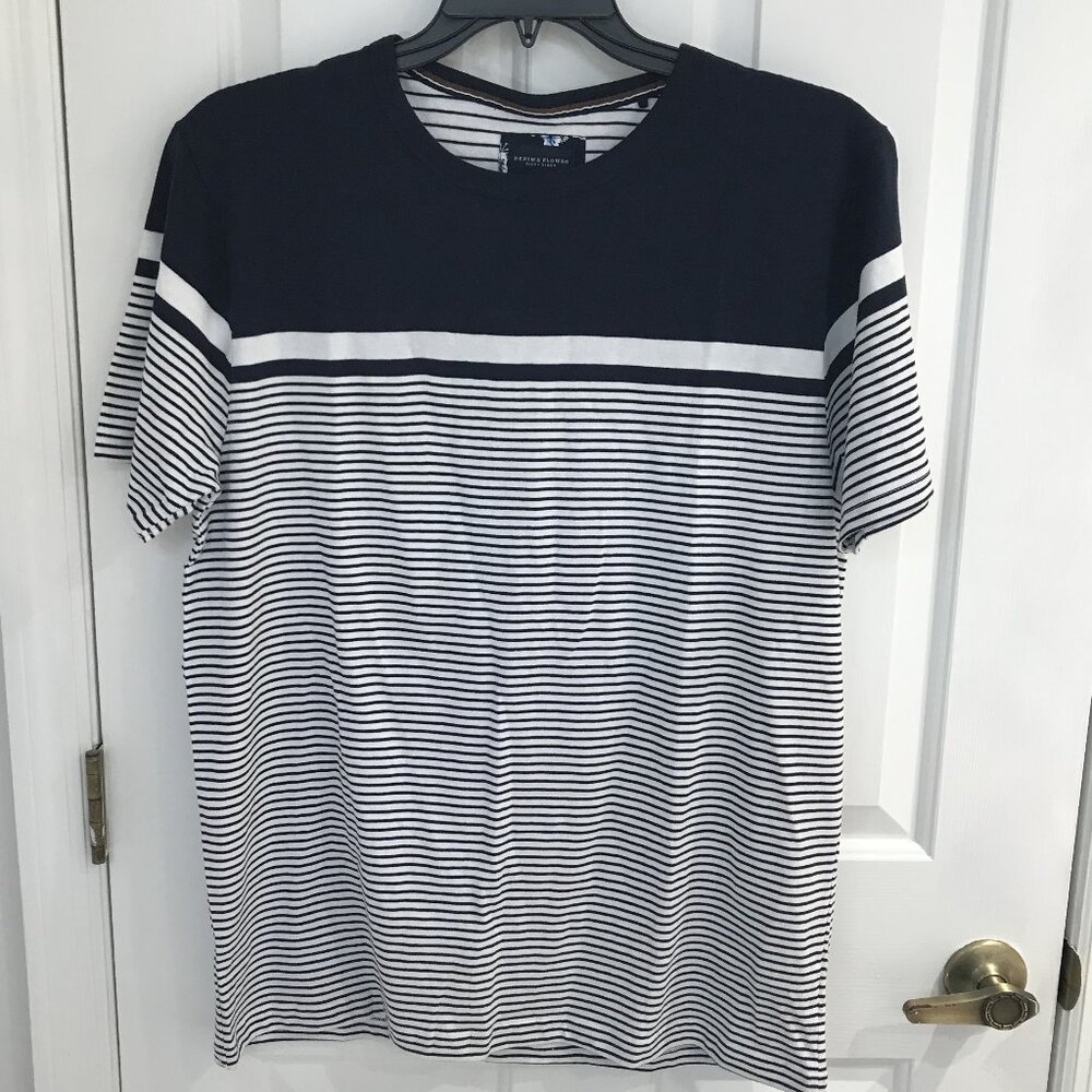 Denim & Flower Half Striped Navy Blue Pullover XL